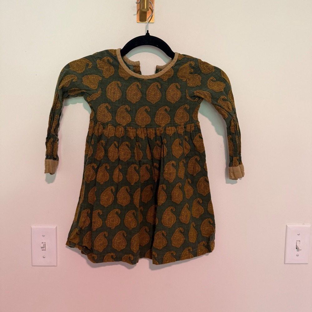 Yo Baby‎ Girls Green Mustard Block Print Paisley Long Sleeve Cotton Dress Size 4